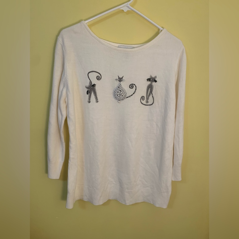 Draper’s & Damon’s Cat Sweater w/ pearls and crystals. NWOT- Size L